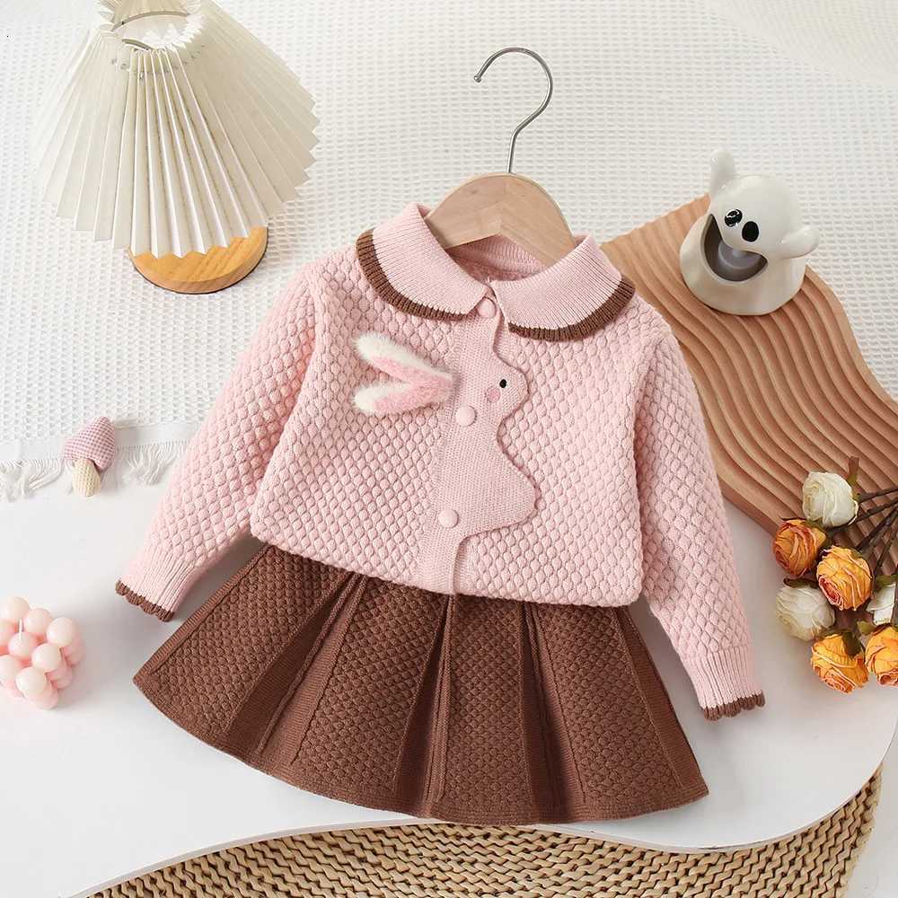Children's Clothing Sets Three-dimensional Pullover Rabbit Knitted Cardigan + Pleated Skirt Baby Girl Winter Clothes Knit Sweater C260921