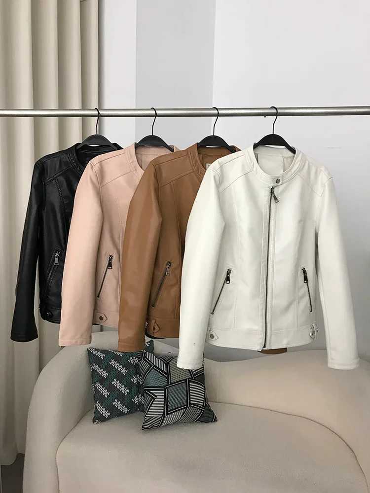 2025 Faux OFTBUY Leather Jacket New Fashion Spring Woman Short Lapel Zipper O-neck Biker Coats Fashion Streetwear Mujer Tops C260921
