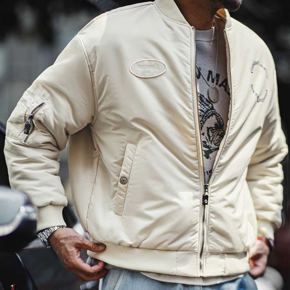 New Men's Down Parkas Maden Retro MA1 Bomber Jacket Solid Color Zippered Cotton-padded Pilot Jacket Warm Baseball Coat for Autumn and Winter Pa