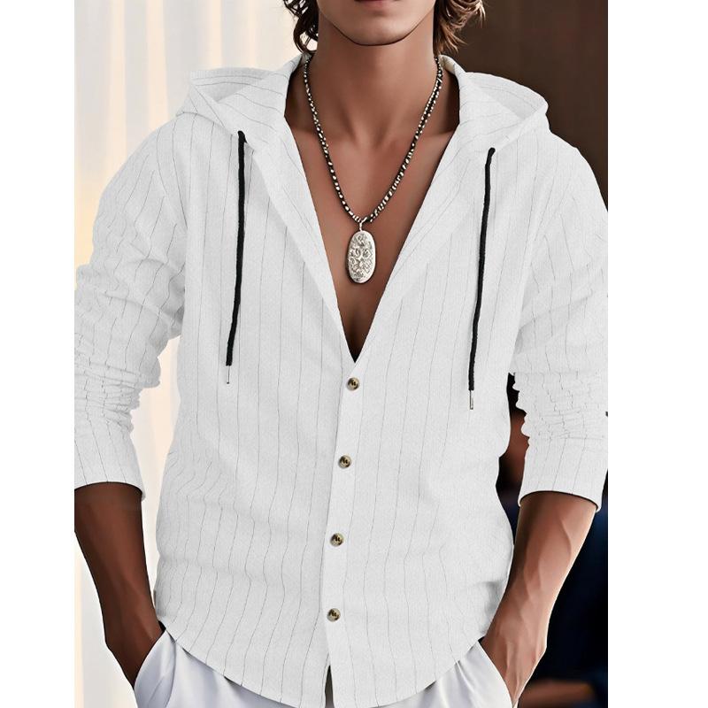 Mens Breathable Striped Hooded Button Shirt Long Sleeve Drawstring Hood Casual Lightweight Outdoor Beach Daily Wear Blouse