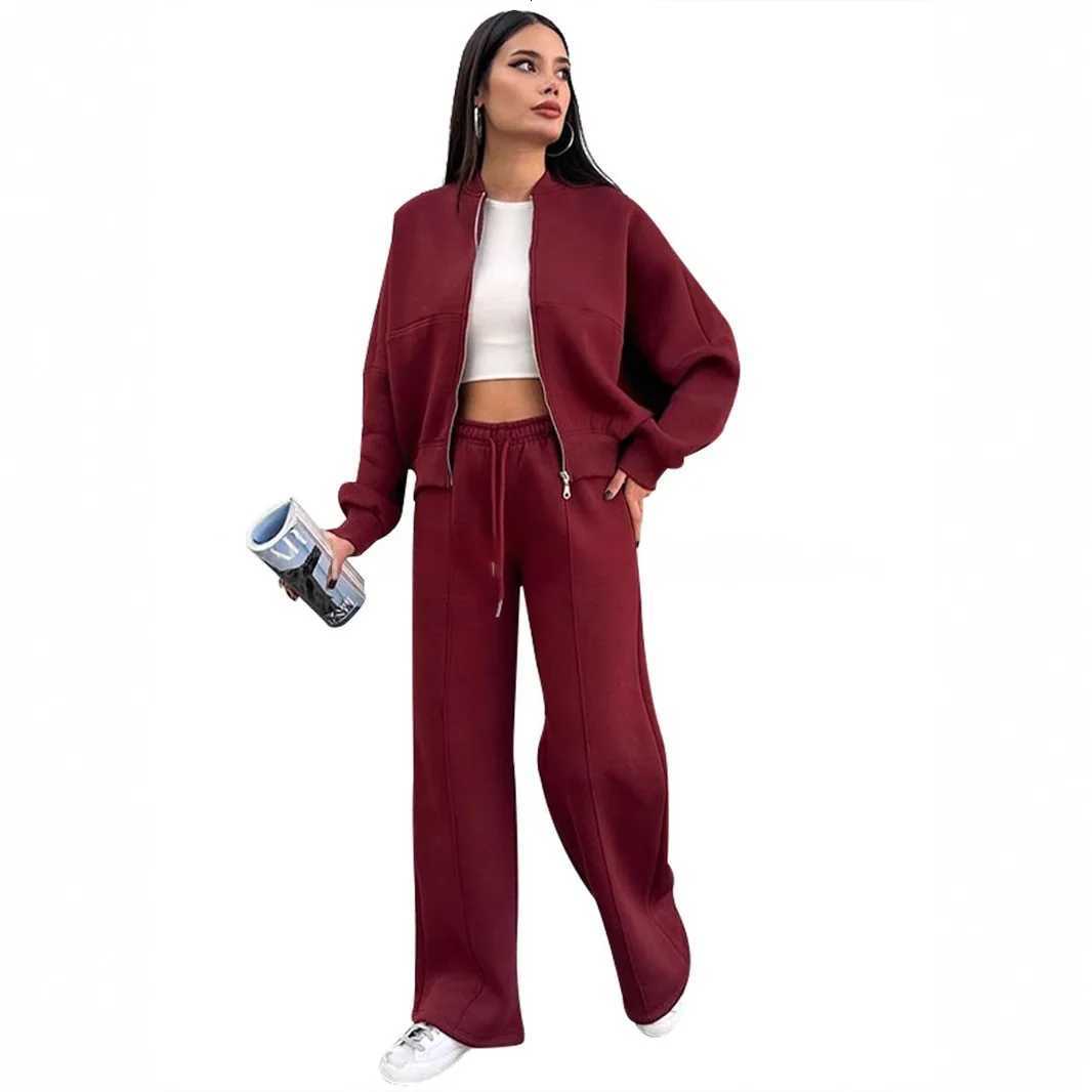 Fleece Baseball Sets 2026 Winter Lined Women Tracksuit Solid Color Sweatshirt Casual Outfit Set European American Style N260922