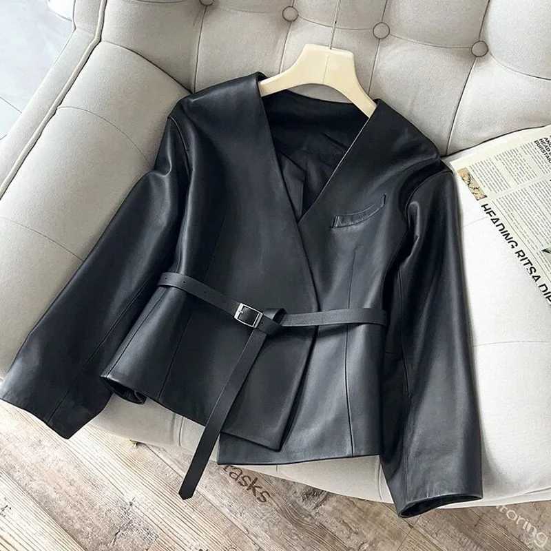 Spring Women 2023 Clothing Elegant Female Genuine Leather Coat V- Neck Belt Jackets Streetwear Black Office Lady C260921