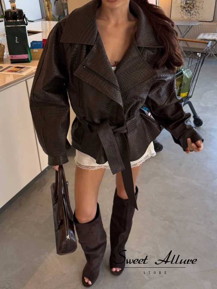 Faux Women Solid Leather Jacket Lapel Asymmetric Zipper Belted Waist Oversized Long Sleeve Coat 2026 Vintage Moto Biker Coats C260921
