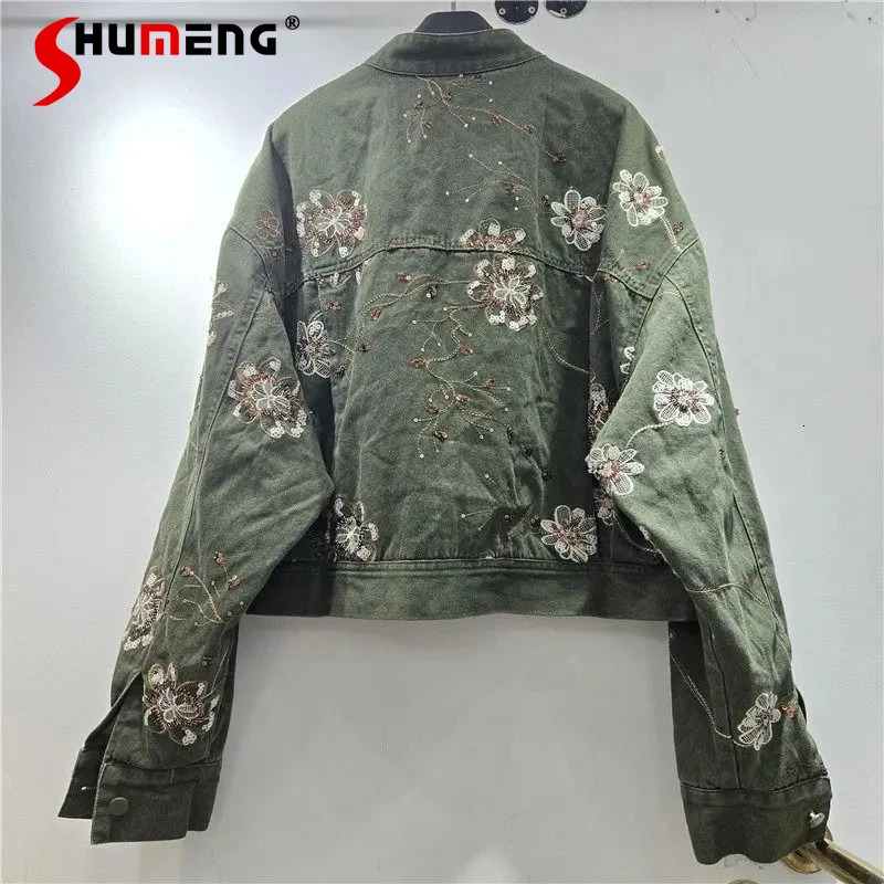 Women's 2026 Spring Autumn Embroidered Fashion Denim Jackets Long Sleeve Unique Stand Collar Trend Jacket Elegant Tops 260921