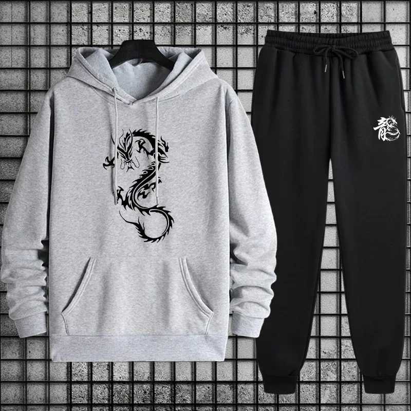 Tracksuits Chinese Dragon Men's Men's Tracksuit Set Relaxed Hoodie and Elastic Waist Joggers for Lounge Home Wear Fall Winter Casual Warm
