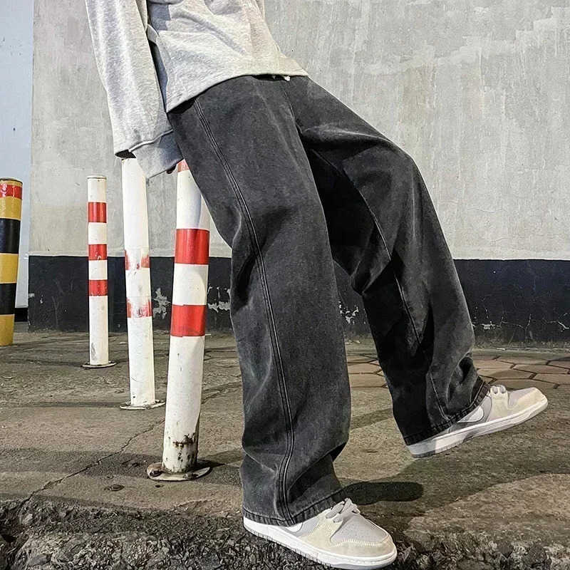 New Men's Jeans Streetwear Loose Jeans Men Korean Style Fashion Loose Straight Wide Leg Pants Men's Brand Clothing Black Light Blue T26092