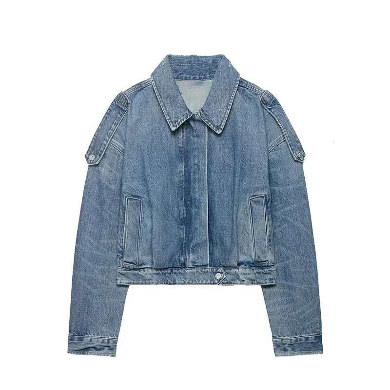 Strap Epaulet Decor Cropped Denim Jacket Lapel Hidden Button Side Pocket Vintage Washed Long Sleeve Women Jean Coat 260701 260921
