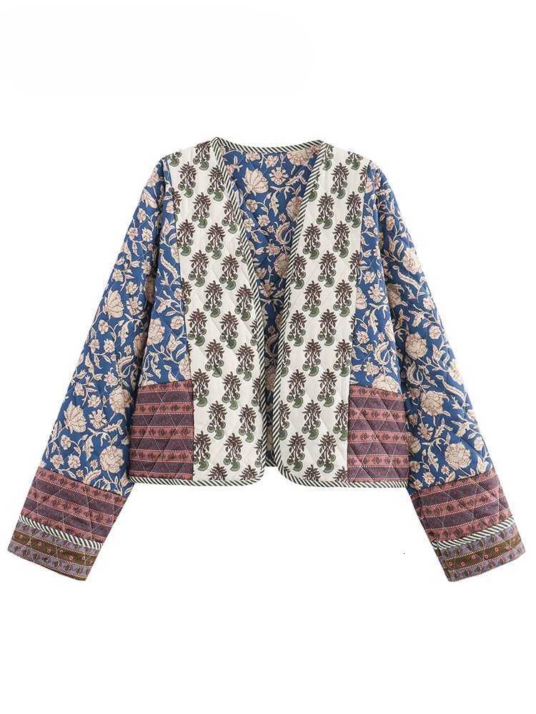 Women's Jackets Vintage Women's Print Patchwork Cotton Jacket 2024 Quilted Long Sleeve Loose Short Warm Coat Autumn Winter Female Outwear