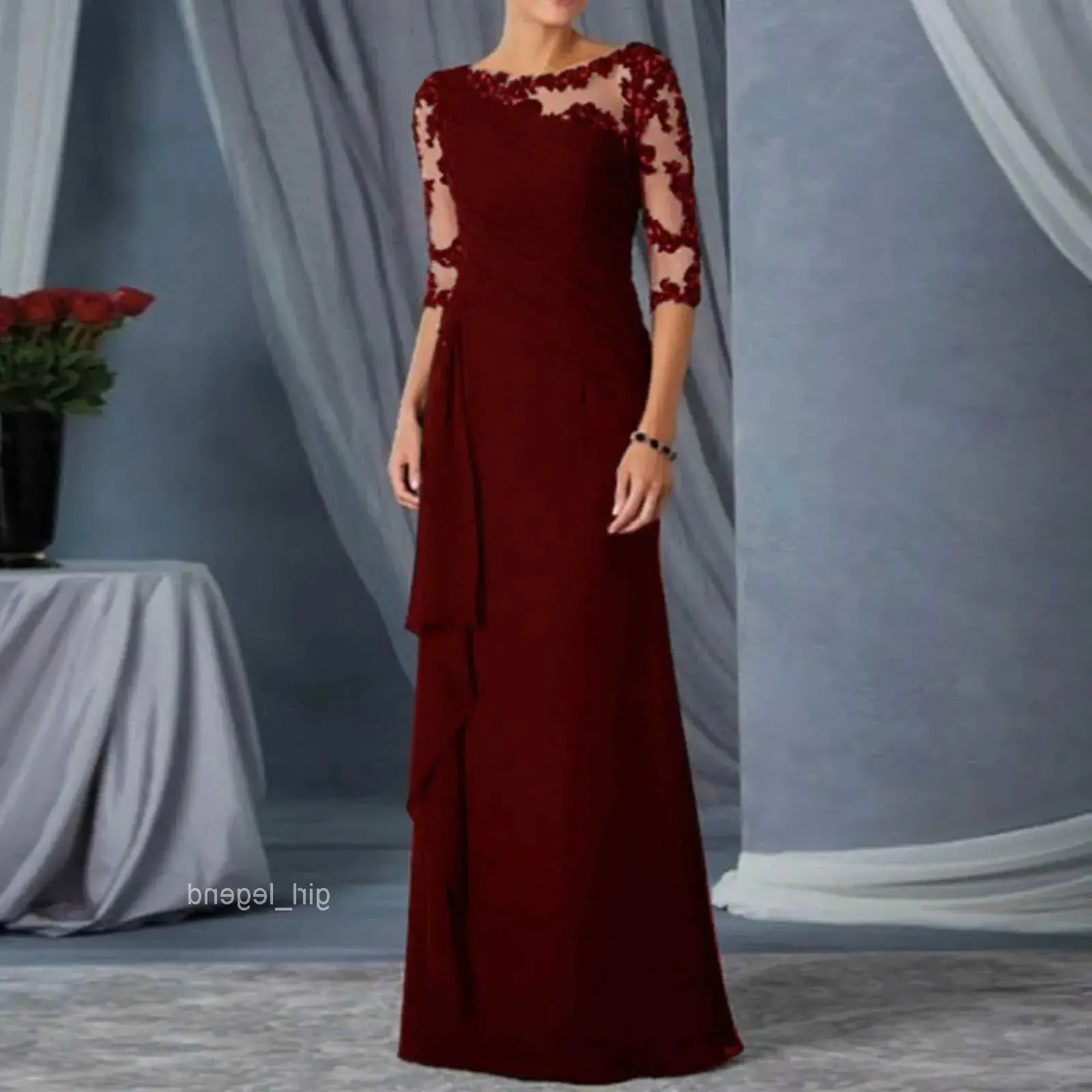 Women Casual Dress Ele Party Woman everyday Lace See Through Round Neck Mid Sve Formal Wedding Gowns For Women High Waisted Evening Dresses Ladies B