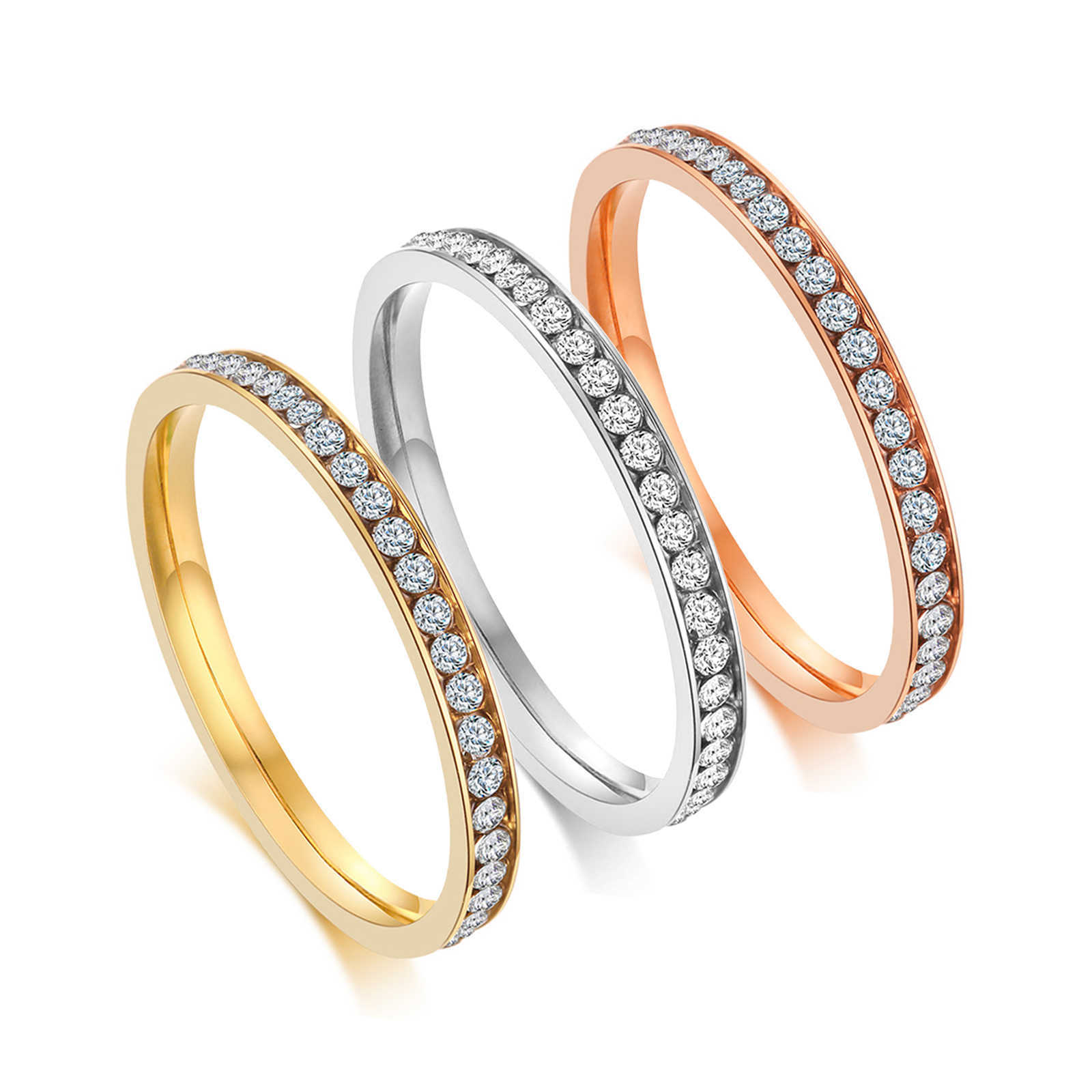 INS Band Rings 2mm Iced Out Bling CZ Rings For Women Lady Gold Color Stainless Steel Shinny Cubic Zirconia Wedding Ring Elegant JewelryT260922