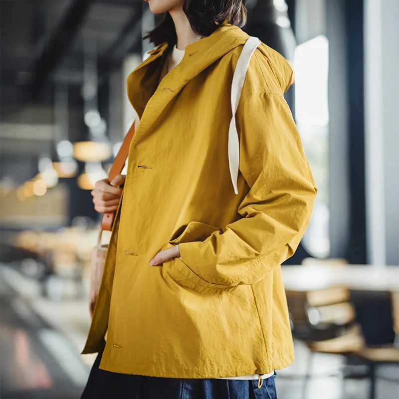 Women's Jackets Maden Womens Hooded Windbreaker Jacket Yellow Loose Fit Outdoor Casual Coat Single-breasted Lightweight Waterproof jacket C2609