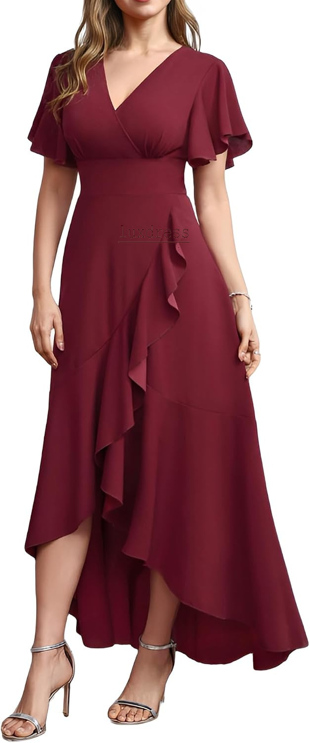 Long Formal Dresses for Women Elegant V Neck Wrap Ruffle Cocktail Mother Wedding Guest Dress Evening Party Gowns