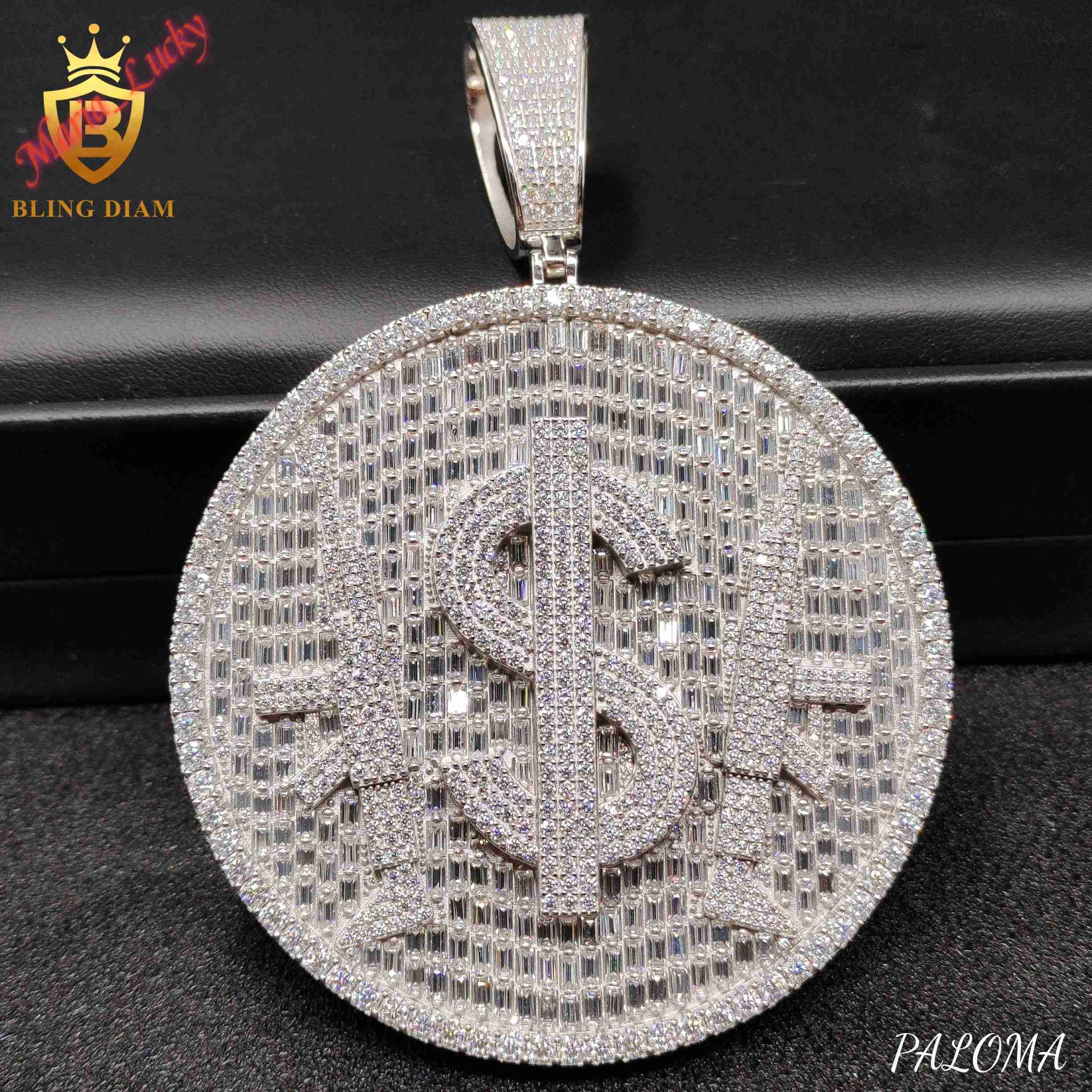 Hot Sale High Quality 925 Sterling Silver Moissanite Round Disc Dollar Sign Pendant Iced Out Hip Hop Medallion Charm Pass Diamond Tester Statement J