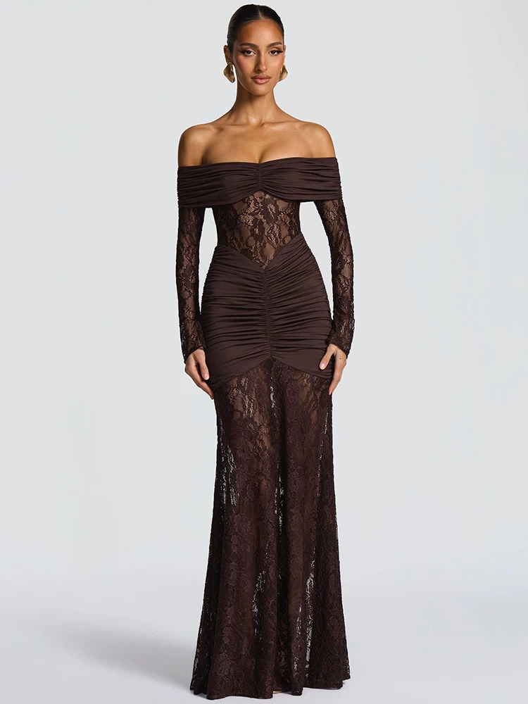 Mozision Off-shoulder Long Sleeve Sexy Maxi Dress Women Fashion Lace See Through Strapless Backless Bodycon Club Party Dresses 260922