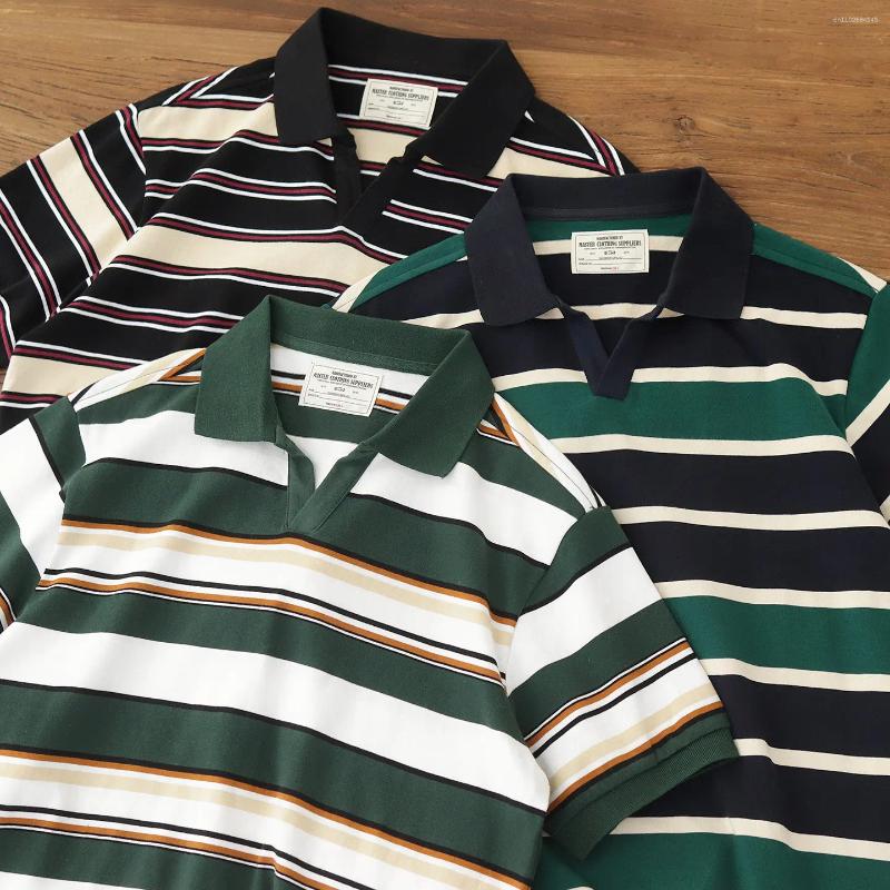 Men's Color-block Striped V-neck Polo Shirt - Summer Retro Style Short-sleeved T-shirt Loose Casual Wear Top For Daily