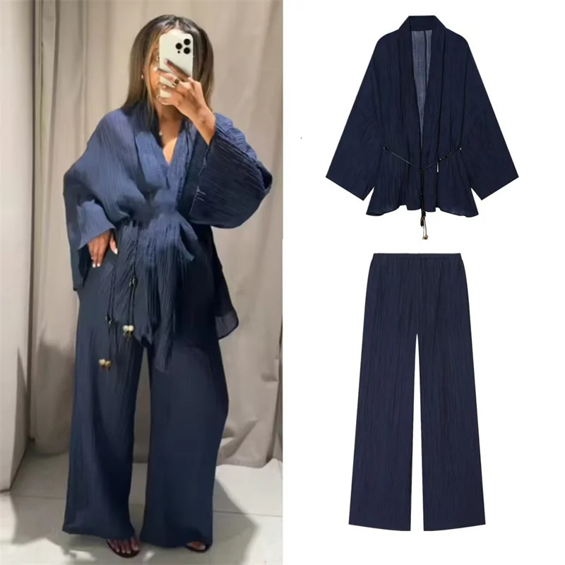 Womens Suit 2026 Summer Navy Blue LongSleeve Loose Cardigan Jacket and Pants Set Sexy SemiTransparent Casual Fashion 260922