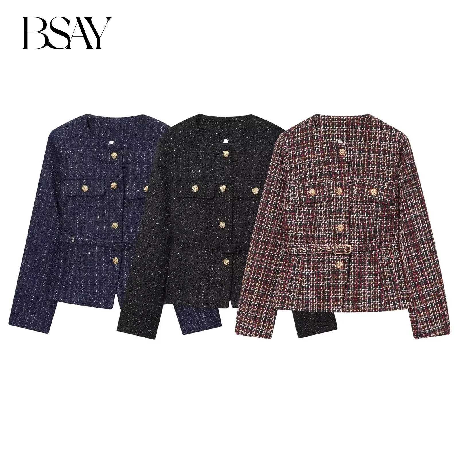 Women's Jackets BSAY tweed jacket with belt women's clothing autumn winter new Round long sleeved button up outerwear chic France short co