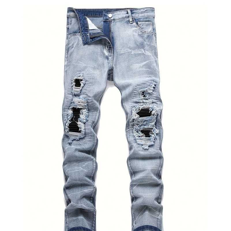 Pantaloni casual da uomo in denim elasticizzato Strtwear strappato patchwork denim strappato elastico in vita pantaloni dritti S260922W5VG