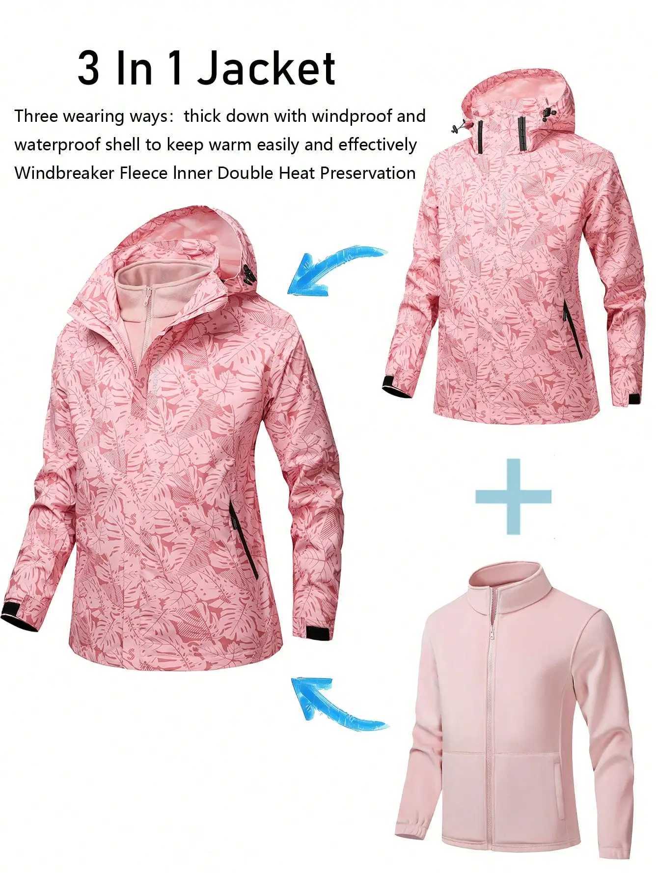 Women's Jackets Women's 3-in-1 Jacket Fall and Winter Warm Windbreaker Detachable Hood Multi-purpose Multi-pockets Jacket for Casual Outdo