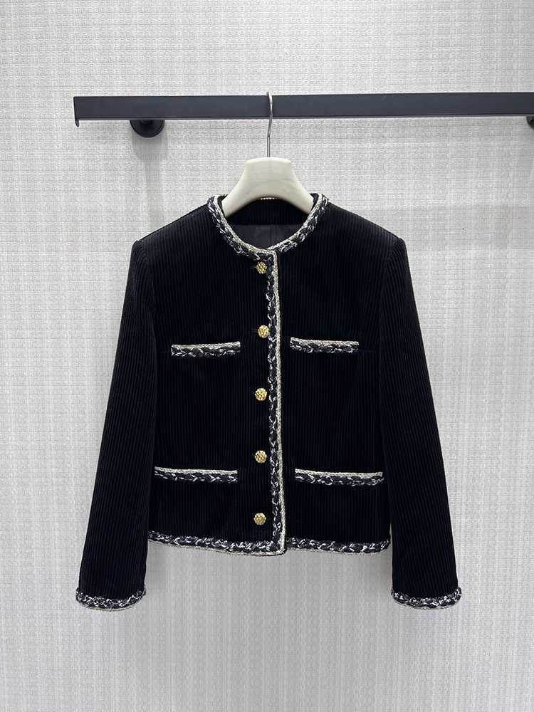 Women's Jackets Spring Autumn Fashion Black Vintage Straight Barrel Jackets Women's O-Neck Braided Raw Edge Fake Pocket Long Sleeve Jacket