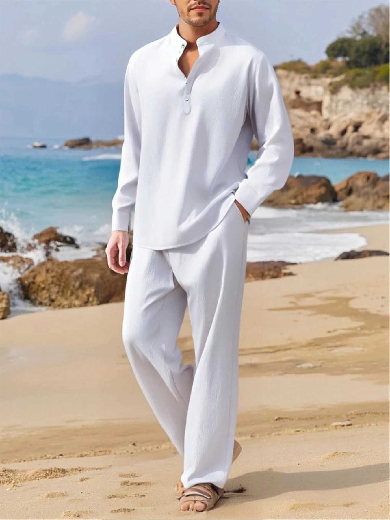 Men's Men's Tracksuits Summer Casual Two Pieces Daily Outdoor Travel Basic Breathable Shirt Solid Pants Suit Male Beach Tracksuits Set J26