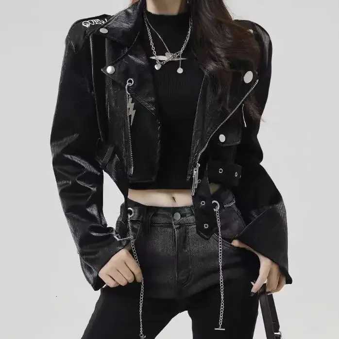 Autumn New 2023 Women Punk Motorcycle Leather Jacket Letter Embroidery Chic Gothic Shiny PU Leather Coat Short Jackets for Women C260921