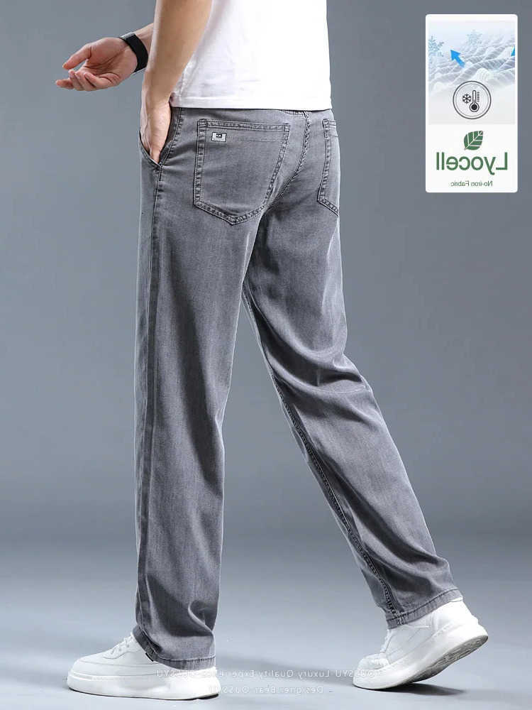 Summer Men's Jeans Thin Men's Loose Straight Jeans Lyocell Soft Drape Business Casual Trousers Smoke Gray Ice Silk Pants Plus Size 40 42 T