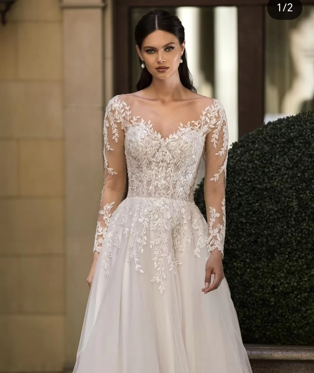 Vintage Wedding Dress Scoop Lace Appliques Long Sleeve Buttons Tulle Boho Bride Gowns Bridal Dresses Vestido de Novia Robe De Mariage