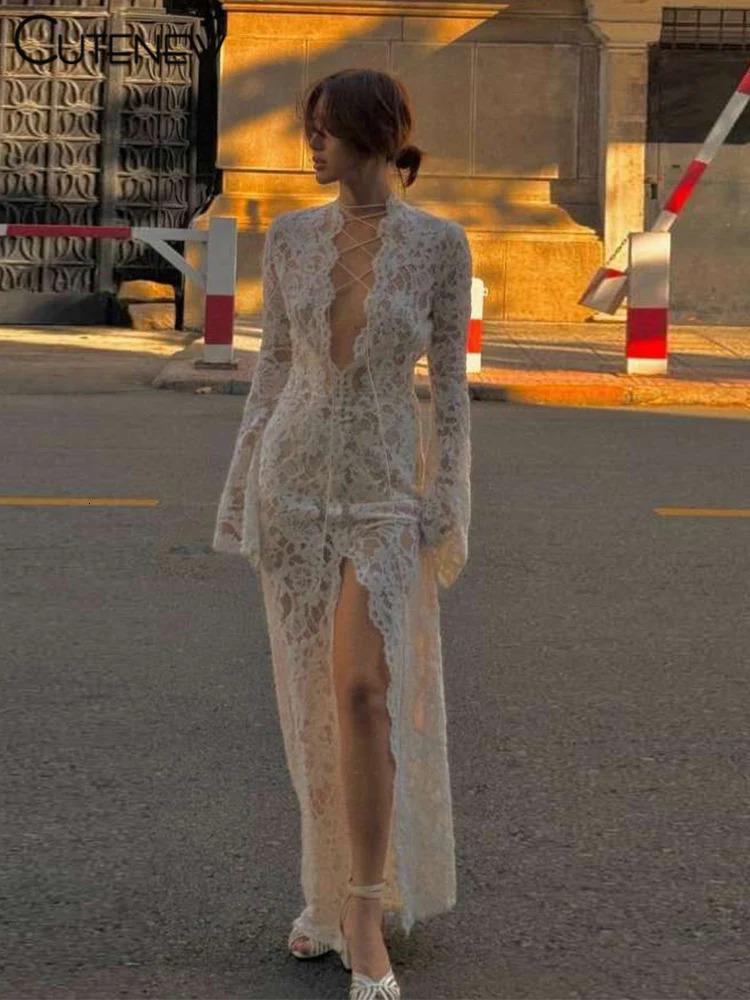 Cute Lace Sheer Women Maxi Dress Sexy Solid Fashion Long Sleeve O-neck Bandage Sheath Vestidos Female Stunning Nightout Robe 260922