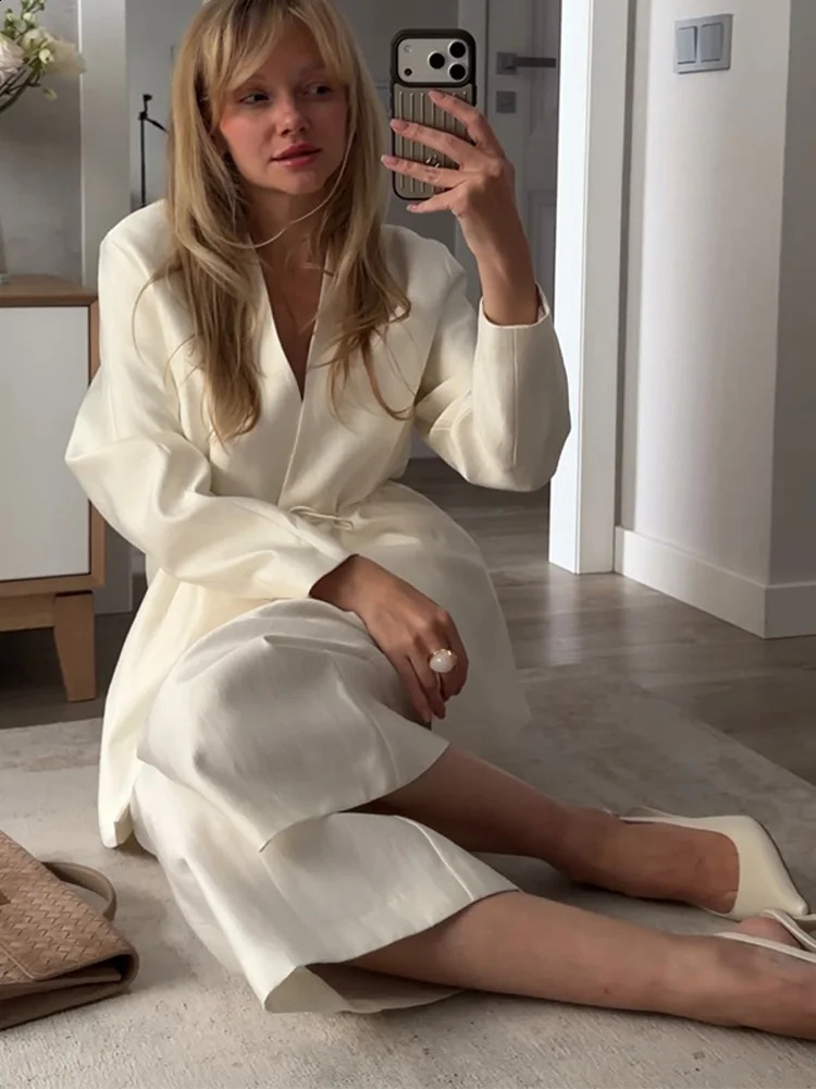 Solid Color Lace up Coat Long Pants Lady Set V-Neck Long Sleeve Jacket High Waist Straight Trousers Casual Chic Women's Sets 260918