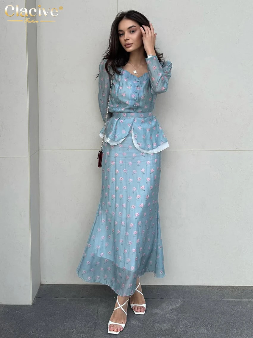 Clacive Fashion Loose Print Women Two Pieces Set Elegant Long Sleeve Shirt With High Waist Long Skirt Set Female Streetwear 260921