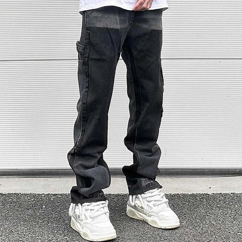 Ripped Patchwork Black Pants for Men Straight Retro Casual Sashes Pockets Denim Trousers Oversized Loose Jean S2609223X4T