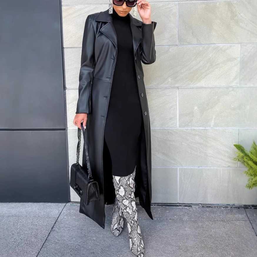 Leather Faux Women's Leather Faux PU Leather Coats Women Single Breasted Long Coat Turn Down Collar Y2k Streetwear Jackets Splice Open Stitch 2