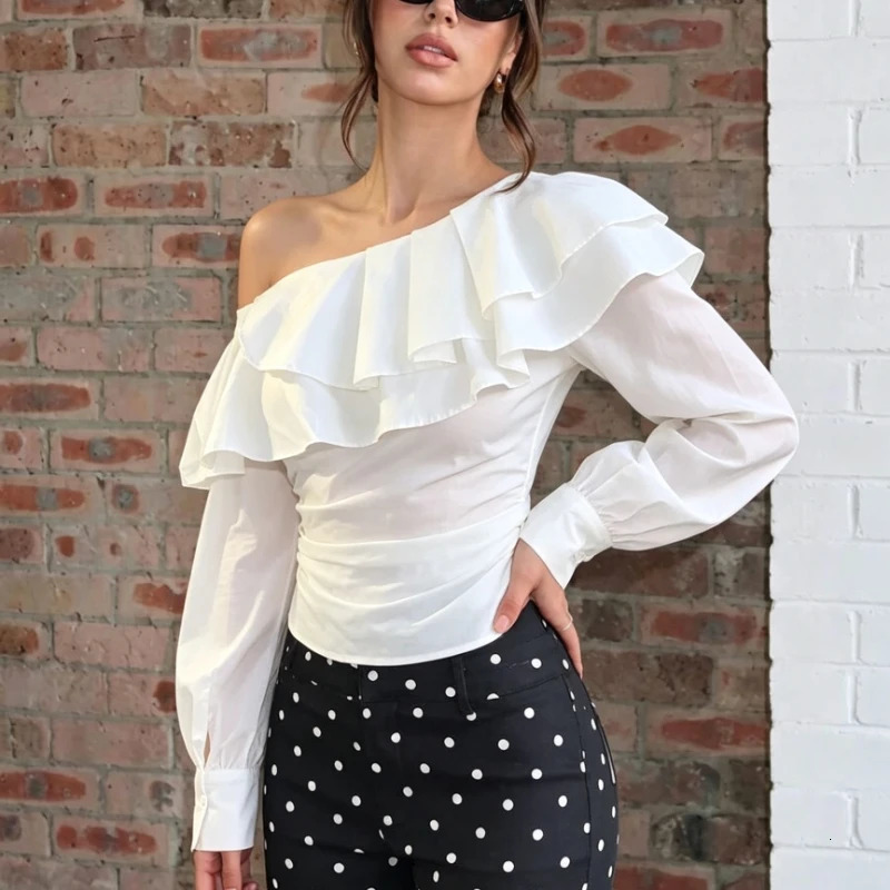 Korean Fall Long Sleeve Women Blouse Ruffle Lantern Sleeve Tops Off Shoulder Sexy Shirt Chic Cotton Date Night Clothing 260922