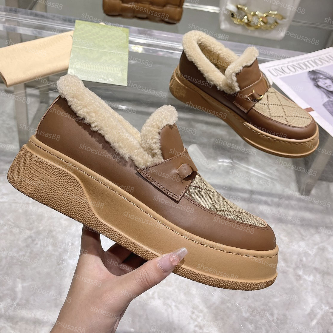 Designer Fur Mule Women Classics Ski Shoes Horsebit Loafer Mules Top Quality Luxury Winter Warm Shoes Size 35-41