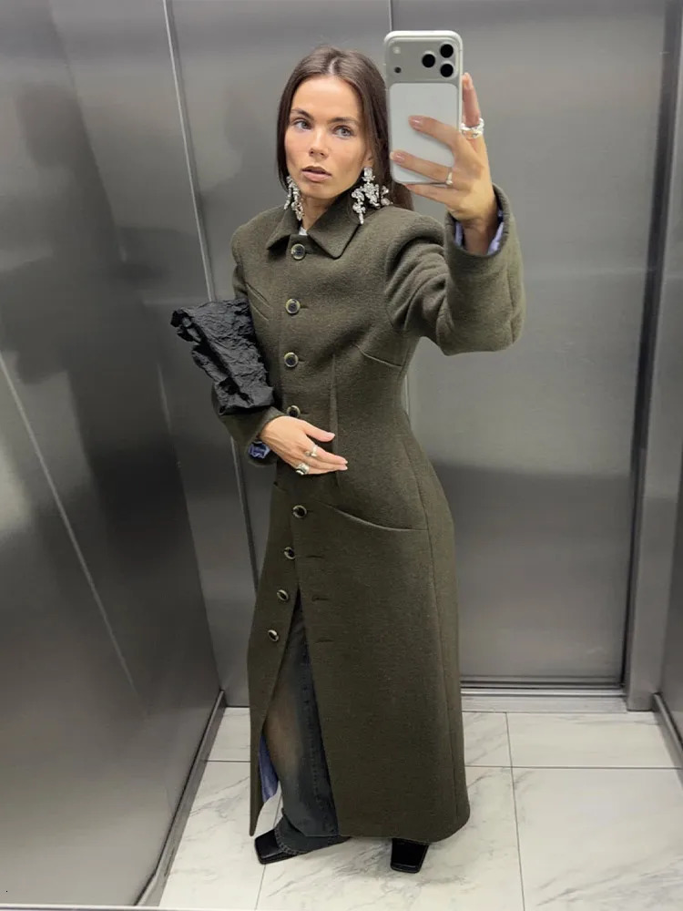 Women Solid Midi Woolen Overcoat Lapel Collar Single Breasted Slim Fit Waist Long Sleeve Office Coat 2026 Chic Elegant Outfit 260922