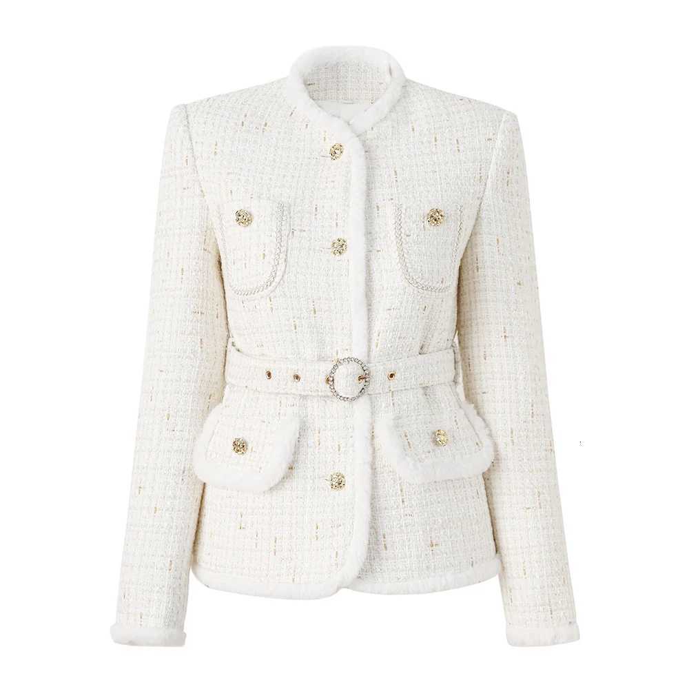 Women's Jackets 2024 New Fall Winter Chic Design Rabbit Fur Patchwork Slim Tweed Outerdoor Charming Women Woven Jackets with Belt C260921