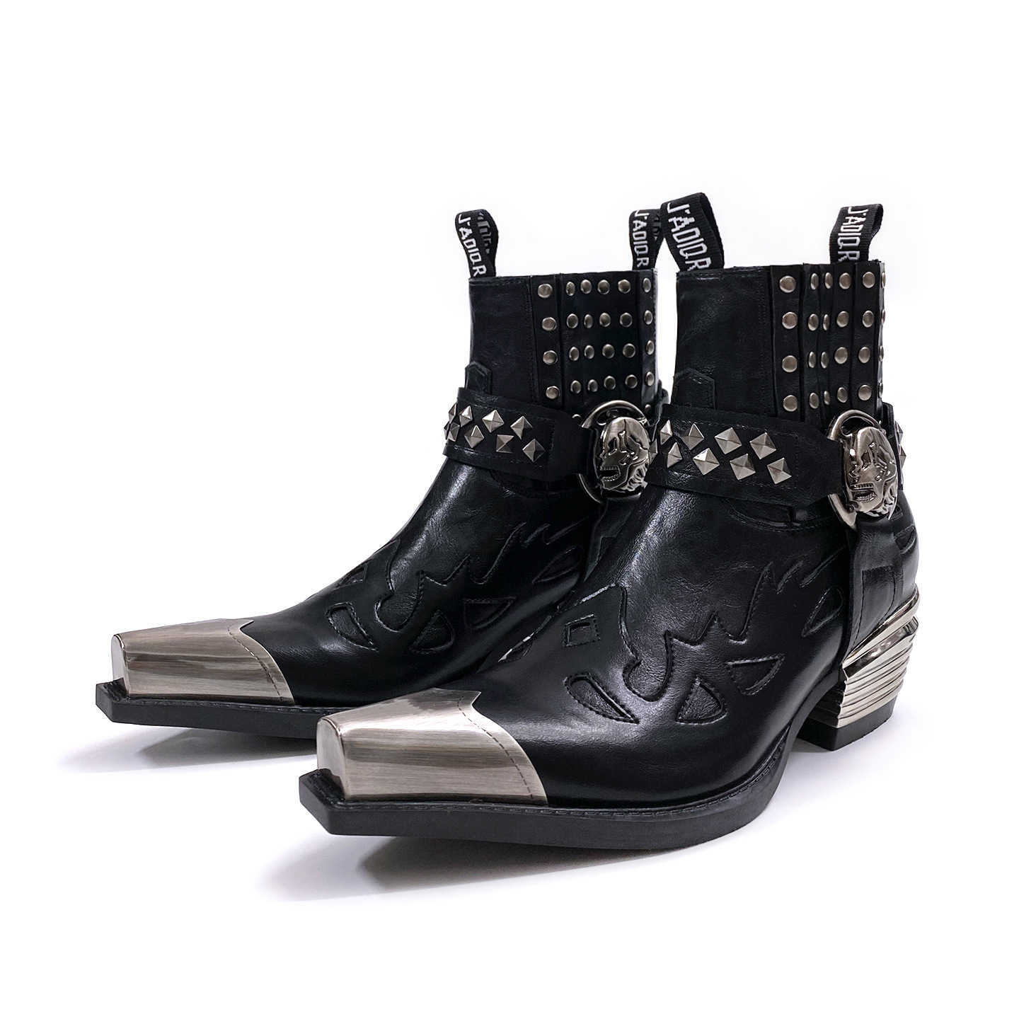 Western cowboy boots men's metaltoe short studded leather punk Chelsea unisex style Q