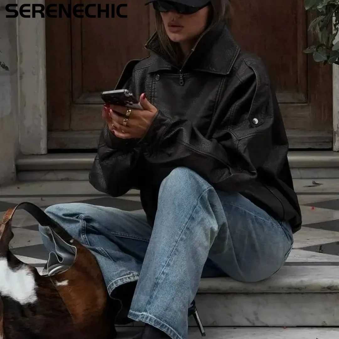 New Loose SERENECHIC Clothes Lady Overcoat Wholesale Faux Leather Jacket Women Fashion Black Fake Leather Locomotive Coat Female C260921