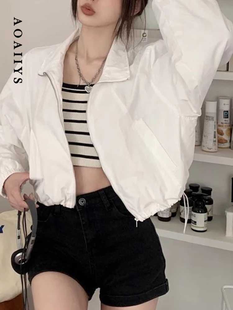 Women's Jackets Aoaiiys Short Thin Coat Women Vintage Turn-down Collar Zippers Jacket Casual Fashion Sun Protection Tops Spring Summer 2026 New