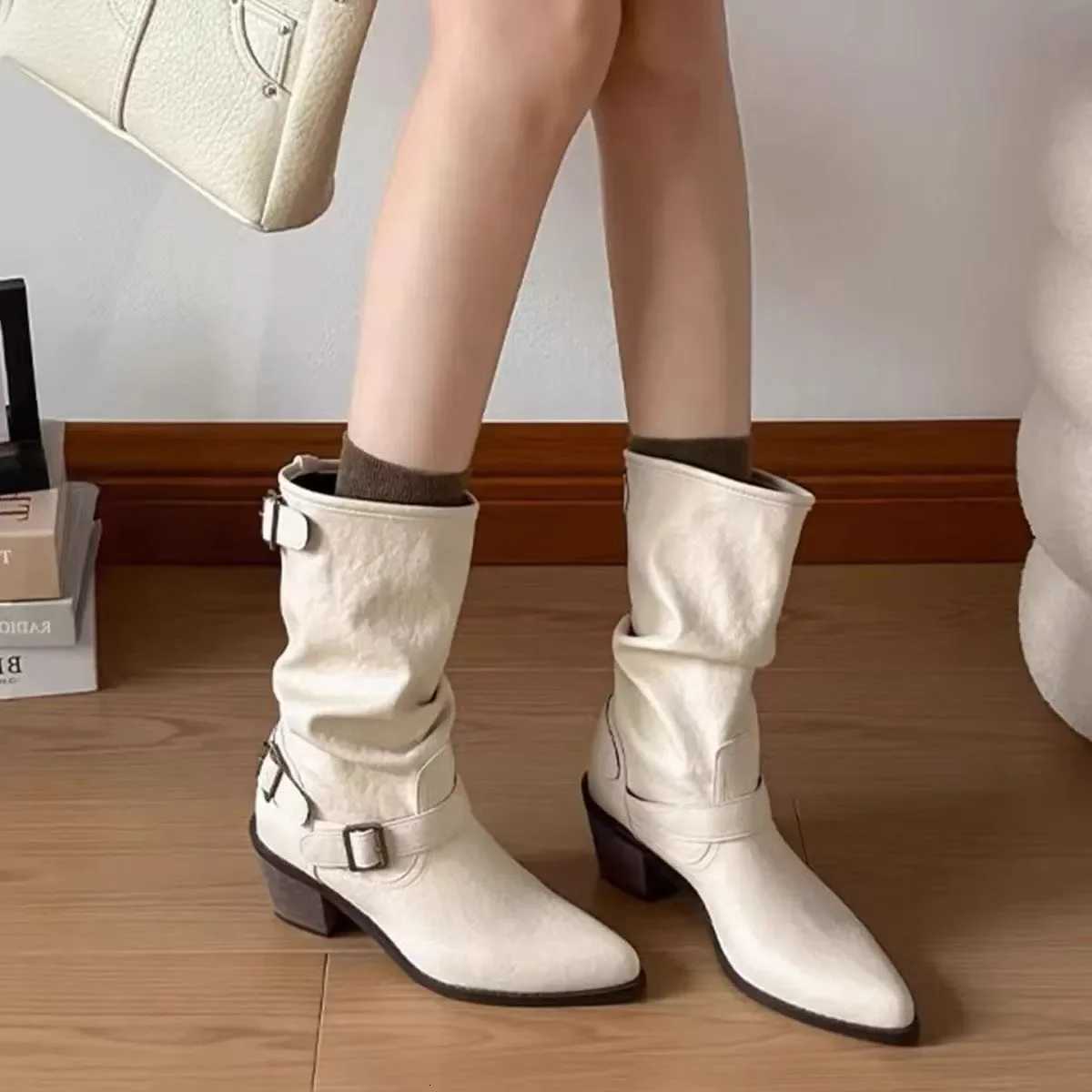 Stivali da donna firmati invernali nuovi stivali vintage al polpaccio stivaletti alla caviglia con fibbia slouchy retrò tacco medio grosso casual sc
