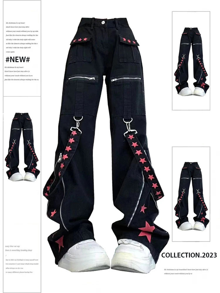 Women Black Gothic Baggy Cargo Jeans Harajuku Vintage Y2k Denim Trousers Cowboy Pants 90s Aesthetic Trashy Emo 2000s Clothes 260921