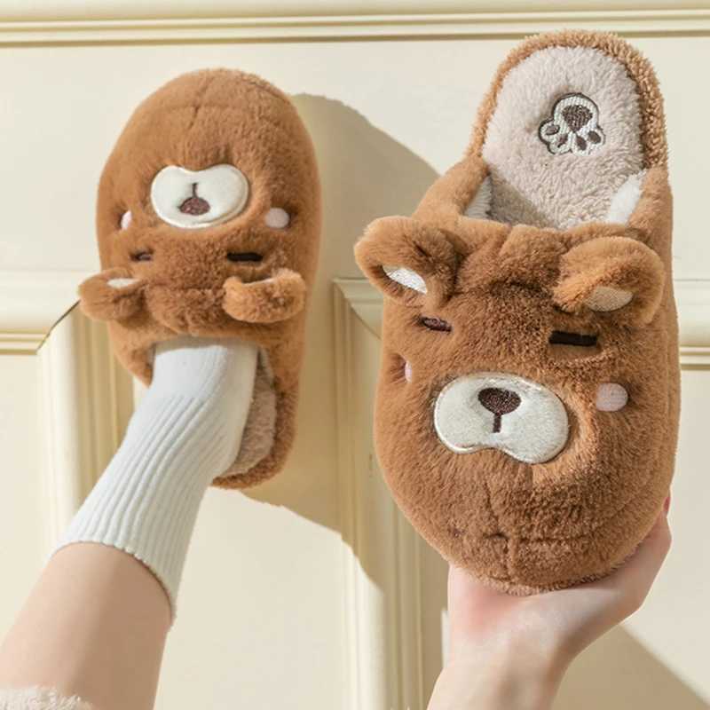 Cartoon Plush Bear Cotton Slippers Women 2025 Winter Warm Faux Fur Thick Bottom Slippers Comfort Non Slip Couple Indoor Slides T260922