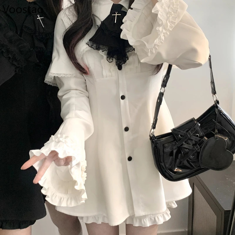 Vintage Lolita Style Mini Dress Set Women Gothic Y2k Loose Flare Sleeve Two Pieces Party Dresses Female Kawaii Cute Vestido 260922