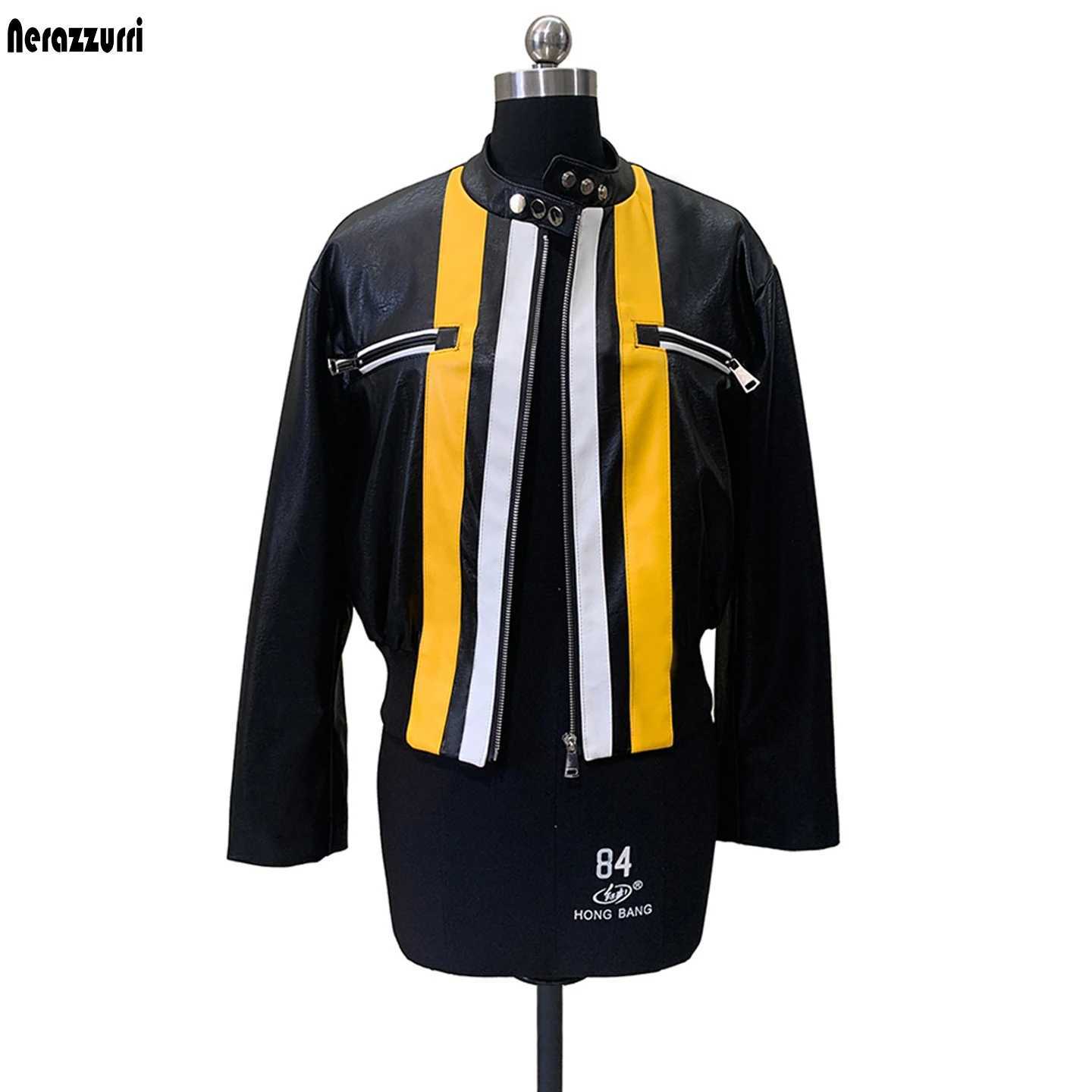 Spring Autumn Nerazzurri Short Color Block Patchwork Pu Leather Racing Jacket Women Streetwear Luxury Designer European Clothes C260921