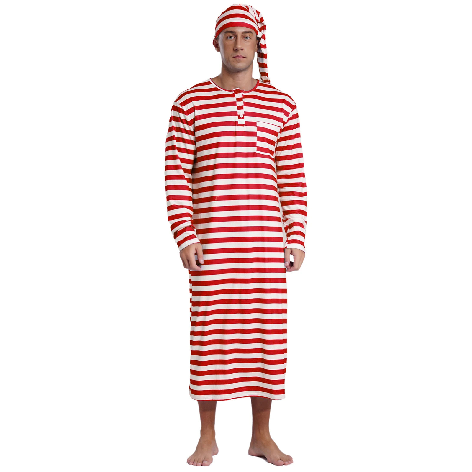 Abito da notte a righe natalizie da uomo con cappello Set manica lunga Abito lungo allentato Pigiama Sissy Abbigliamento da notte maschile Pigiama d