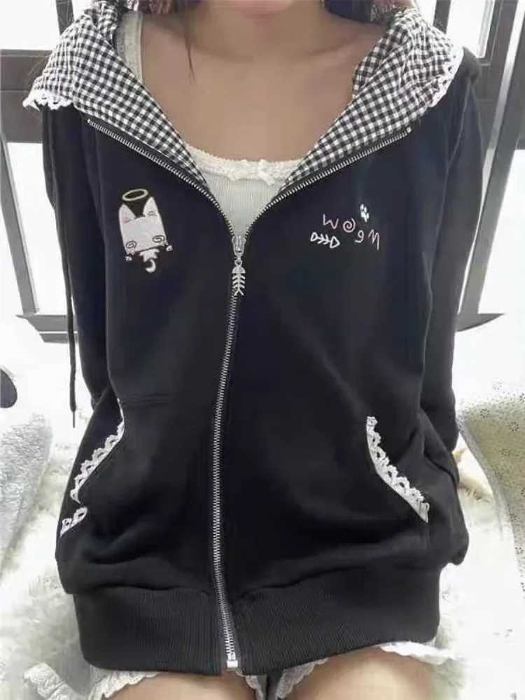 Women's Jackets Japanese Cute Cat Ear Black Plaid Hooded Jackets 2026 Early Autumn New Coat Women Y2k Loose Long Sleeve Zipper Tops Mujer C2609