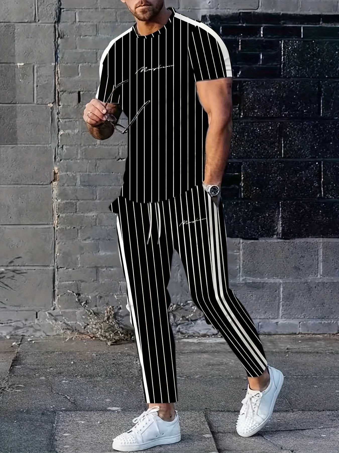 Tracksuits A new Men's summer 2025 streetwear men's set featuring simple casual fashionable sporty and comfortable 3D vertical letter prin