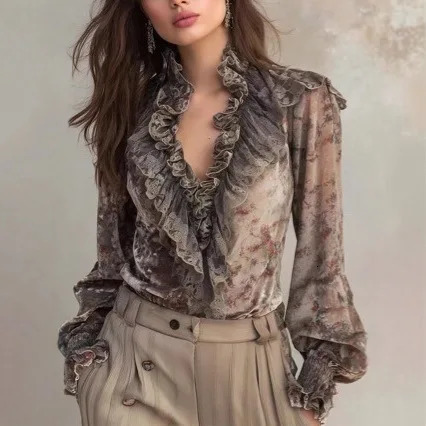 Womens Vintage Floral Print Blouse Elegant Layered Ruffle VNeck Long Puff Sleeve Chiffon Casual Vintage Loose Vacation Shirt 260922