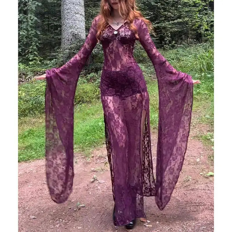 Combhasaki Women Halloween Floral Lace Sheer See-through Long Dress V Neck Flare Long Sleeve High Split Bodycon A-line Dresses 260922